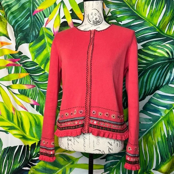Icelandic Design M Coral Pink Red Floral Embroidered Sequin Full Zip Cardigan - Picture 3 of 13